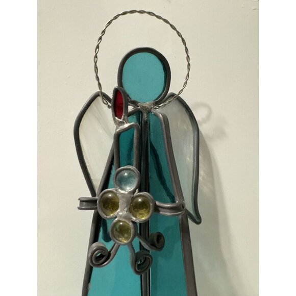 Vintage Stained Glass Angel W Halo Holding Cross and Candle Sun Catcher - Picture 3 of 5